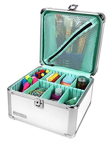 Vaultz Portable Safe Box - 10 x 10 x 6.5 Inch Large Storage Box with Lock, Mesh Pocket & Adjustable Compartments for Cash, Documents and Valuables - White