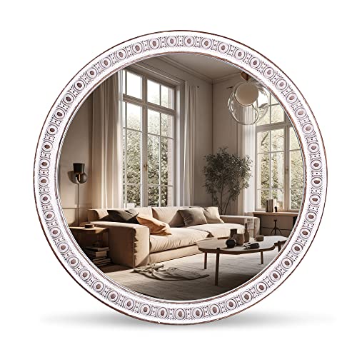 Jugty 24 Inch Decorative Wall Mirror, Farmhouse Wooden Circle Mirrors for Bedroom for Bathroom, Living Room, Foyer, Hallway, Boho Accent Mirrors