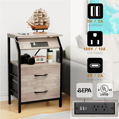 SZLHANJZ Storage End Table, Charging Nightstand with 2 Drawers, Small Fabric Dresser for Bedside, Wood and Metal Side Table for Bedroom, Living Room, Dorm, Grey Oak