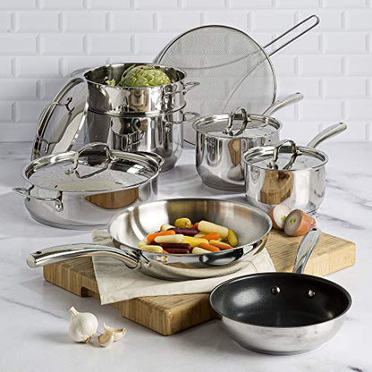 Goodful 12-Piece Classic Stainless Steel Cookware Set with Tri-Ply Base for Even Heating, Durable, Impact Bonded Pots and Pans, Dishwasher Safe Includes Non Stick Frying Pan, Chrome