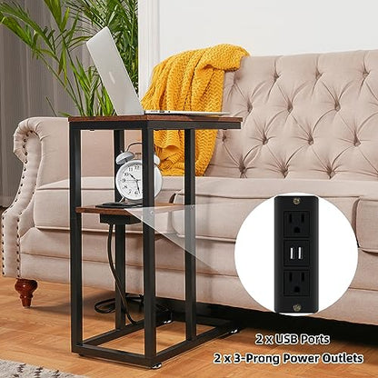 HXXUYY C End Table with Charging Station, Small Side Table for Small Spaces Bedside Table with with USB Ports&Outlets, Narrow Side Table Skinny Nightstand for Living Room/Bedroom/Couch