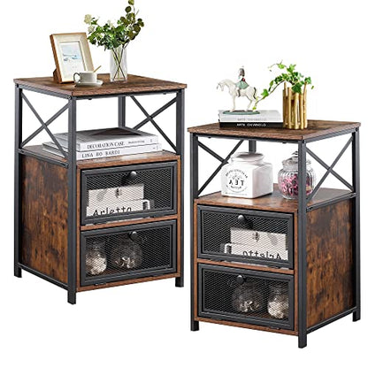 VECELO Nightstand Set of 2, End Table with Flip Drawer, Modern Night Stand for Bedroom, Living Room, Office, Easy Assembly, Retro Brown
