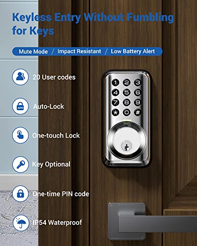 Veise Keyless Entry Door Lock, Electronic Keypad Deadbolt Lock, Auto Lock, 20 User Codes, 1 Touch Locking, Anti-Peeking Password, Easy Installation Design, Satin Nickel