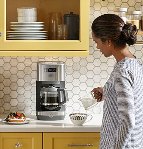 GE Drip Coffee Maker With Timer | 12-Cup Glass Carafe Coffee Pot With Warming Plate | Adjustable Brew Strength | Wide Shower Head for Maximum Flavor | Kitchen Essentials | Stainless Steel