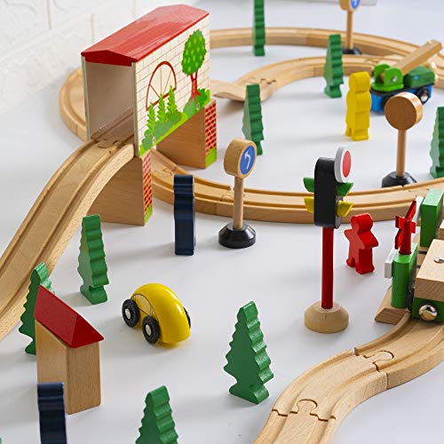 FUNPENY 60 Pcs Colorful Wooden Train and Track Sets,Train Railway Sets Toys for 3+ Years Kids,Boys,Girls Deluxe Holiday Gifts