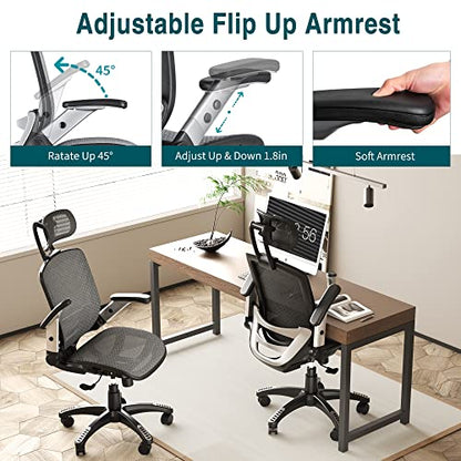 GABRYLLY Ergonomic Mesh Office Chair, High Back Desk Chair - Adjustable Headrest with Flip-Up Arms, Tilt Function, Lumbar Support and PU Wheels, Swivel Computer Task Chair, Grey