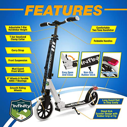 SereneLife Foldable Kick Scooter - Stand Kick Scooter for Teens & Adults with Rubber Grip at Tip, Alloy Deck, Adjustable T-Bar Handlebar Height, Smooth Gliding Wheels, Easy Maneuvering (Black & White)