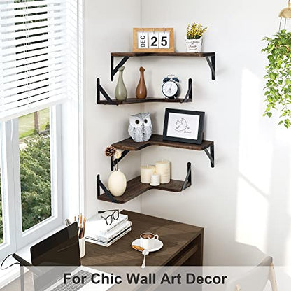 Marsmiles Corner Floating Shelves, Corner Wall Shelves Set of 4, Wall Mounted Corner Storage Display Shelving for Bathroom, Bedroom, Living Room, Kitchen, 16" W x 11-2/5" D, L-Shaped, Rustic Brown