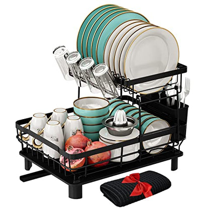 XILIDIA Dish Racks for Kitchen Counter, 2 Tier Dish Drying Rack with Drainboard, Large Capacity Dish Drainer with Utensil Holder and Extra Dish Drying Mat