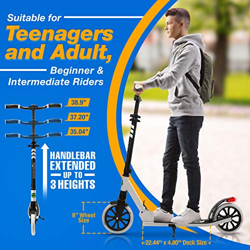 SereneLife Foldable Kick Scooter - Stand Kick Scooter for Teens & Adults with Rubber Grip at Tip, Alloy Deck, Adjustable T-Bar Handlebar Height, Smooth Gliding Wheels, Easy Maneuvering (Black & White)