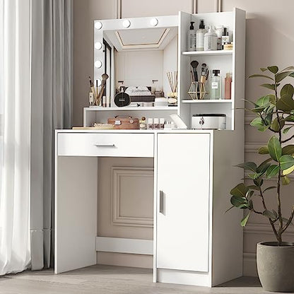 Palimder Vanity Desk with Mirror & Light, Large Drawer & Three Level Storage Dresser, 3 Lighting Modes Adjustable Brightness, Bedroom Dressing Table (White)