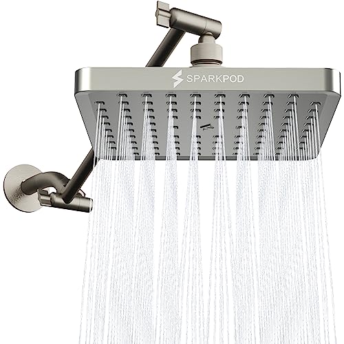 SparkPod Square Rain Shower Head with Shower Head Extension Arm - High Pressure Rain - Luxury Modern Look - No Hassle Tool-less 1-Min Installation (11" Shower Arm Extension, Elegant Brushed Nickel)