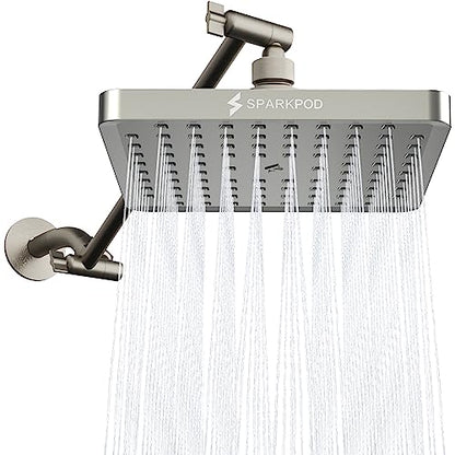 SparkPod Square Rain Shower Head with Shower Head Extension Arm - High Pressure Rain - Luxury Modern Look - No Hassle Tool-less 1-Min Installation (11" Shower Arm Extension, Elegant Brushed Nickel)