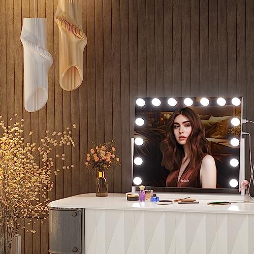 Hasipu Vanity Mirror with Lights, 22" x 18" Hollywood Lighted Makeup Mirror with 15 Dimmable Bulbs, 10X Magnification and USB Charging Port, Smart Touch 3 Colors Dimmable, 360° Rotation (Square)