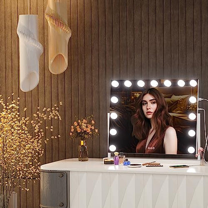 Hasipu Vanity Mirror with Lights, 22" x 18" Hollywood Lighted Makeup Mirror with 15 Dimmable Bulbs, 10X Magnification and USB Charging Port, Smart Touch 3 Colors Dimmable, 360° Rotation (Square)