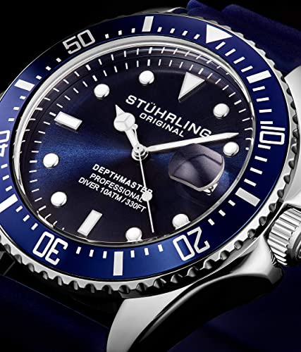 Stuhrling Original Men's Watch Dive Watch Blue 42 MM Silver Case with Screw Down Crown Rubber Strap Water Resistant to 330 FT (Blue)