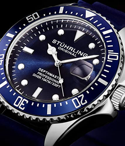 Stuhrling Original Men's Watch Dive Watch Blue 42 MM Silver Case with Screw Down Crown Rubber Strap Water Resistant to 330 FT (Blue)