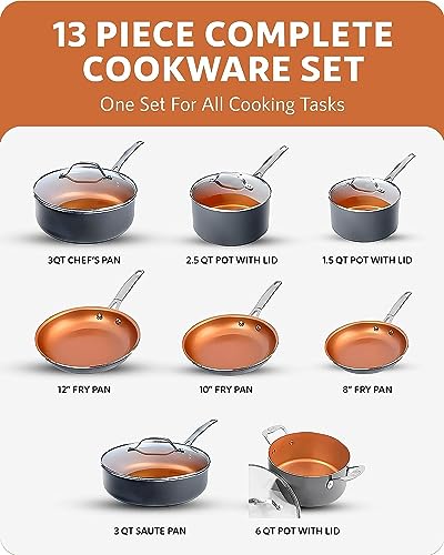 Gotham Steel Pro 13 Pc Ceramic Pots and Pans Set Nonstick Cookware Sets Pot and Pan Set, Kitchen Cookware Sets, Ceramic Cookware Set, Hard Anodized Cookware Set, Pot Set, Dishwasher Safe, Copper
