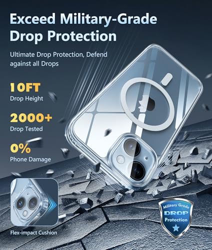 FNTCASE for iPhone 15 Case: Support Magnetic Charging Military Grade Drop Protection Anti Yellowing Cell Phone Cover - Rugged Durable Shockproof Protective Bumper - 6.1 Inch (Clear)