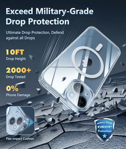 FNTCASE for iPhone 15 Case: Support Magnetic Charging Military Grade Drop Protection Anti Yellowing Cell Phone Cover - Rugged Durable Shockproof Protective Bumper - 6.1 Inch (Clear)