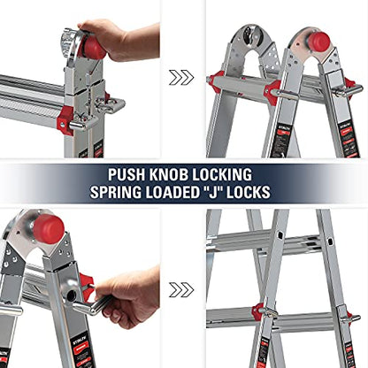 STEALTH Folding Ladder, 13 ft Aluminum Extension Ladder, 300 lbs Load Capacity, Portable Telescoping Ladder with Non-Slip Rubber, Multi-Position Step Ladders, for Working Indoor/Outdoor EM4X3L1