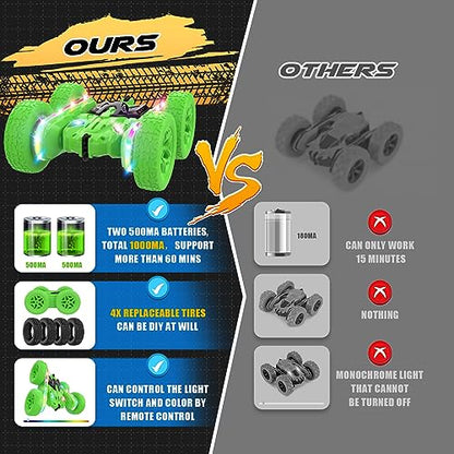 Jimdella Remote Control Car,RC Cars with sides light strip and Headlights,Double Sided 360 Flips Rotating RC Stunt Car,2.4Ghz All Terrain Toys for Ages 4-6 Kids Toy for Boys Girls Birthday Gift(Green)