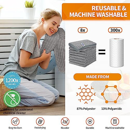 HOMERHYME Kitchen Towels, 8 Pack Microfiber Dish Towels Kitchen Washcloth, 270 GSM Grey All-Purpose Quick Dry Reusable Lint Free & Absorbent Tea Towels for Kitchen, Bar, Shop & Hotel 25'' x 15''