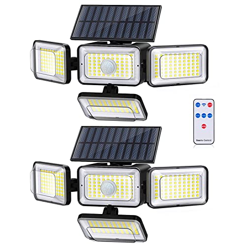 Mokot Solar Outdoor Lights, 288 LED IP65 Waterproof Motion Sensor Outdoor Lights with Remote Control, 4 Heads Solar Flood Wall Lights for Outside Garden Patio Yard - 2Pack
