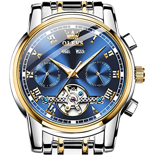 Mens Watches OLEVS Watch Men Automatic Watches for Men Tourbillon Self Winding Skeleton Watch for Men,Men's Wrist Watches Luxury Dress Waterproof Mens Watch Blue Dial Mechanical Watch Day Date,reloj para hombre