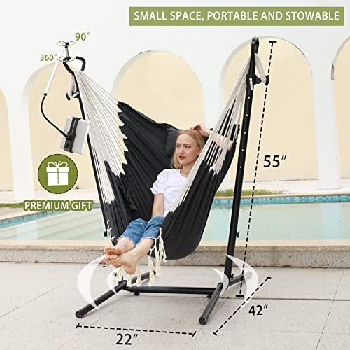 Hammock Chair with Stand Double Hammock Chair Bohemian Style with Tassel Phone Stand Handmade Adjustable Swing Indoor Outdoor Patio Garden Porch with footrest can Lie Down Capacity 400 pounds (Black)