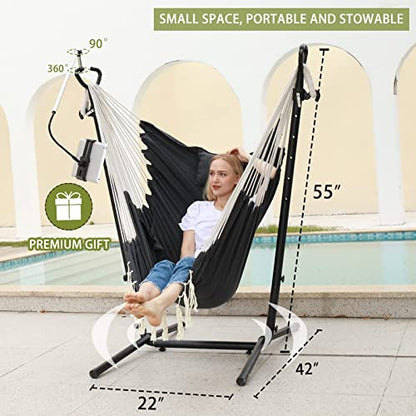 Hammock Chair with Stand Double Hammock Chair Bohemian Style with Tassel Phone Stand Handmade Adjustable Swing Indoor Outdoor Patio Garden Porch with footrest can Lie Down Capacity 400 pounds (Black)