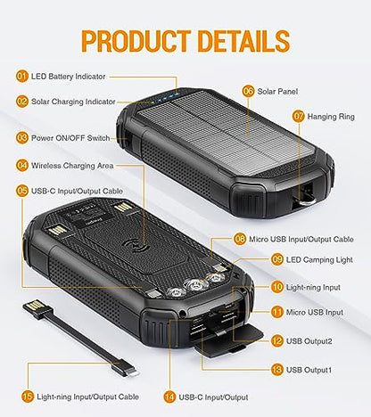 Solar Power Bank 36000mAh,Solar Charger Wireless Built in 3 Cables IPX5 Waterproof Portable Solar External Battery Pack with 3 Input 4 Output 15W USB C Port Camping Flashlight iPhone Samsung Tablet
