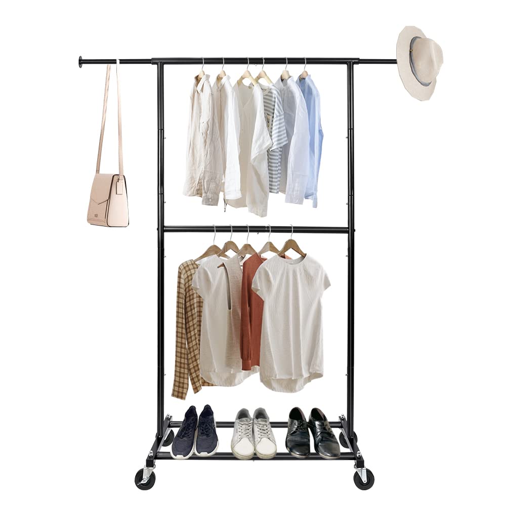 Fishat Simple Standard Double Rod Rolling Clothing Garment Rack for Hanging Clothes, Metal Clothes Organizer with Lockable Wheels (Black)