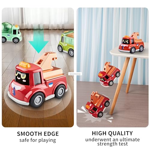 KIDAMI 4 PCS Die-Cast Metal Toy Cars & Trucks, Toddler Cartoon Pull Back Cars for Kids Birthday Gift Toys, Toddler Toys for 1 2 3 4 Years Old Boys Girls