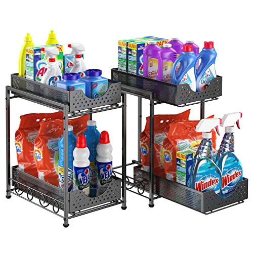 Cabinet Organizer and Storage, Kitchen Cabinet Organizers and Storage, TWO Tier Pull Out Under Bathroom Sink Organizers and Storage, Metal Rolling Kitchen Sink Organizer with Non-slip Feet -2Pack