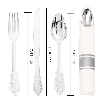 Liacere 30 Pack Silver Plastic Silverware Set with Pre Rolled Napkins - Heavy Duty Disposable Silver Plastic Utensils - Include 90PCS Silver Plastic Cutlery, 30Napkins for Wedding & Party