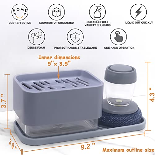 4 in 1 Dish Soap Dispenser and Sponge Holder Set for Kitchen Sink with Soap Dispensing Dish Brush, Sink Tray, Scrub Sponge, Brush Head