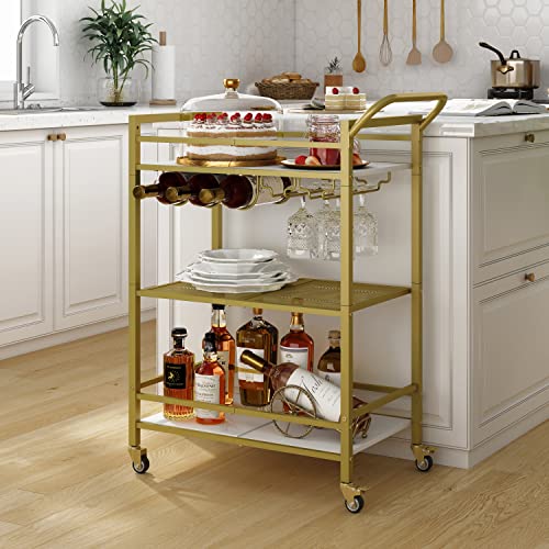 Tajsoon 3-Tier Bar Cart, Mobile Bar Serving Cart, Industrial Style Wine Cart for Kitchen, Beverage Cart with Wine Rack and Glass Holder, Rolling Drink Trolley for Living Room, Gold & White