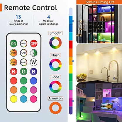 Puck Lights with Remote Control, 13 Colors 4 Lighting Mode Changeable RGB LED Under Cabinet Lighting,AA Battery Powered Push Night Lights 3M Stick-on,Under Counter Lighting With Timer Function(6 Pack)