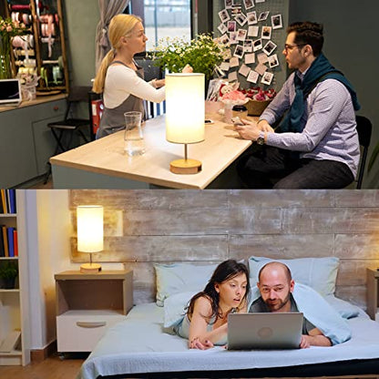 Bedside Lamp with USB C+A Ports - Touch Control Small Table Lamp for Bedroom with 3 Lighting Modes,Nightstand Lamps with Round Flaxen Fabric Shade for Living Room, Dorm, Office (LED Bulb Included)