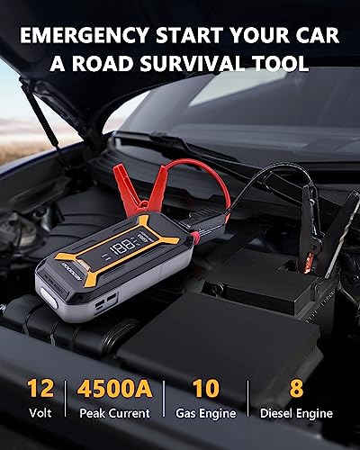 NEOQOQO Car Jump Starter, 4500A Peak Battery Jumper Starter Portable(10L Gas & 8L Diesel Engine), 12V Car Jumper Battery Pack with Smart Jumper Cables, Quick Charge, 3”Large Display, LED Light