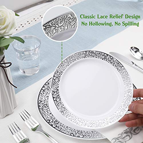 175 Piece Silver Dinnerware Set 25 Guest-50 Silver Lace Plastic Plates-25 Silver Plastic Silverware-25 Silver Plastic Cups-25 Linen Like Silver Paper Napkins, FOCUSLINE Disposable Dinnerware Set