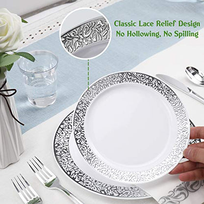 175 Piece Silver Dinnerware Set 25 Guest-50 Silver Lace Plastic Plates-25 Silver Plastic Silverware-25 Silver Plastic Cups-25 Linen Like Silver Paper Napkins, FOCUSLINE Disposable Dinnerware Set