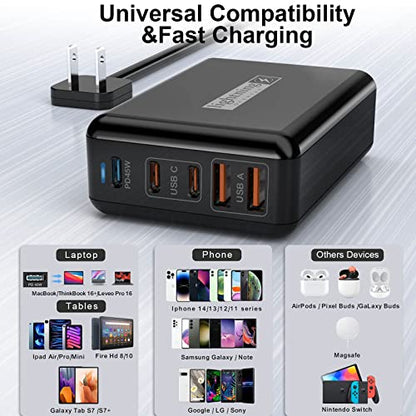 USB C Charger Fast Charging 100W, 5 Ports Charging Blocks Ultra Thin Flat Plug, USB Charging Station with 360° Rotated Adhesive Punch-Free Holder, Charging Hub for Laptops, Tablets, Cellphones Stuff