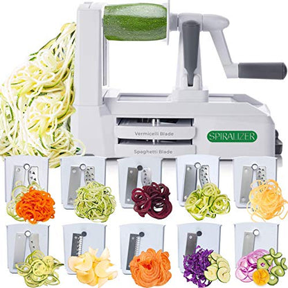 Spiralizer Ultimate 10 Strongest-and-Heaviest Duty Vegetable Slicer Best Veggie Pasta Spaghetti Maker for Keto/Paleo/Gluten-Free, With Extra Blade Caddy & 4 Recipe Ebook White