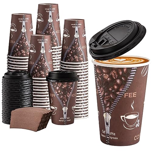 Lamosi 16 oz Coffee Cups with Lids,Sleeves -100 Pack Disposable Coffee Cups To Go Insulation Coffee Cups for Shops, Cafes, and Hot/Cold Drink(Dark Brown)