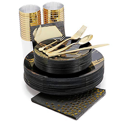 N9R 225pcs Black Gold Plastic Plates, Disposable Dinnerware Set Include 25 Dinner Plates, 25 Dessert Plates, 25 Gold Plastic Silverware, 25 Mini Forks, Gold Cups, Napkins and Table Cards for Party