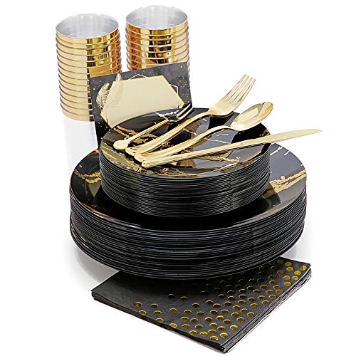 N9R 225pcs Black Gold Plastic Plates, Disposable Dinnerware Set Include 25 Dinner Plates, 25 Dessert Plates, 25 Gold Plastic Silverware, 25 Mini Forks, Gold Cups, Napkins and Table Cards for Party