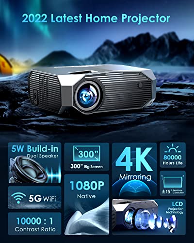 YOWHICK Projector with 5G WiFi and Bluetooth, Native 1080P Outdoor Portable Video Projector Support 4K, Home Theater Movie Projector Compatible with HDMI, USB, Laptop, iOS & Android Phone