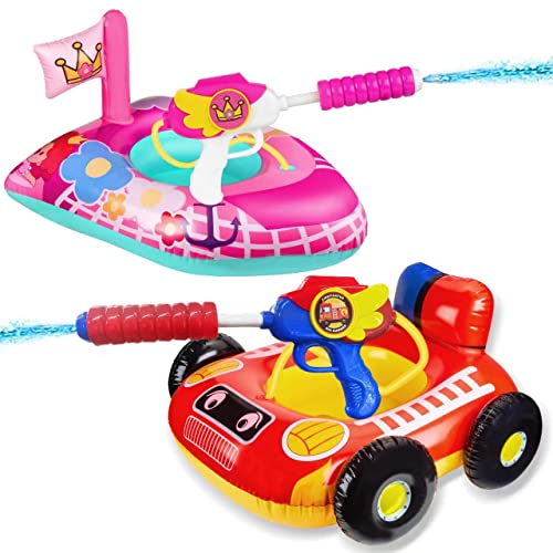 2 Pack Kids Pool Floats with Squirt Gun, Inflatable Pool Toys for Kids, Pink Flower Princess Pool Toys for Girls, Blow up Fire Truck Pool Floats for Toddlers，Baby Water Float Summer Pool Game Toys